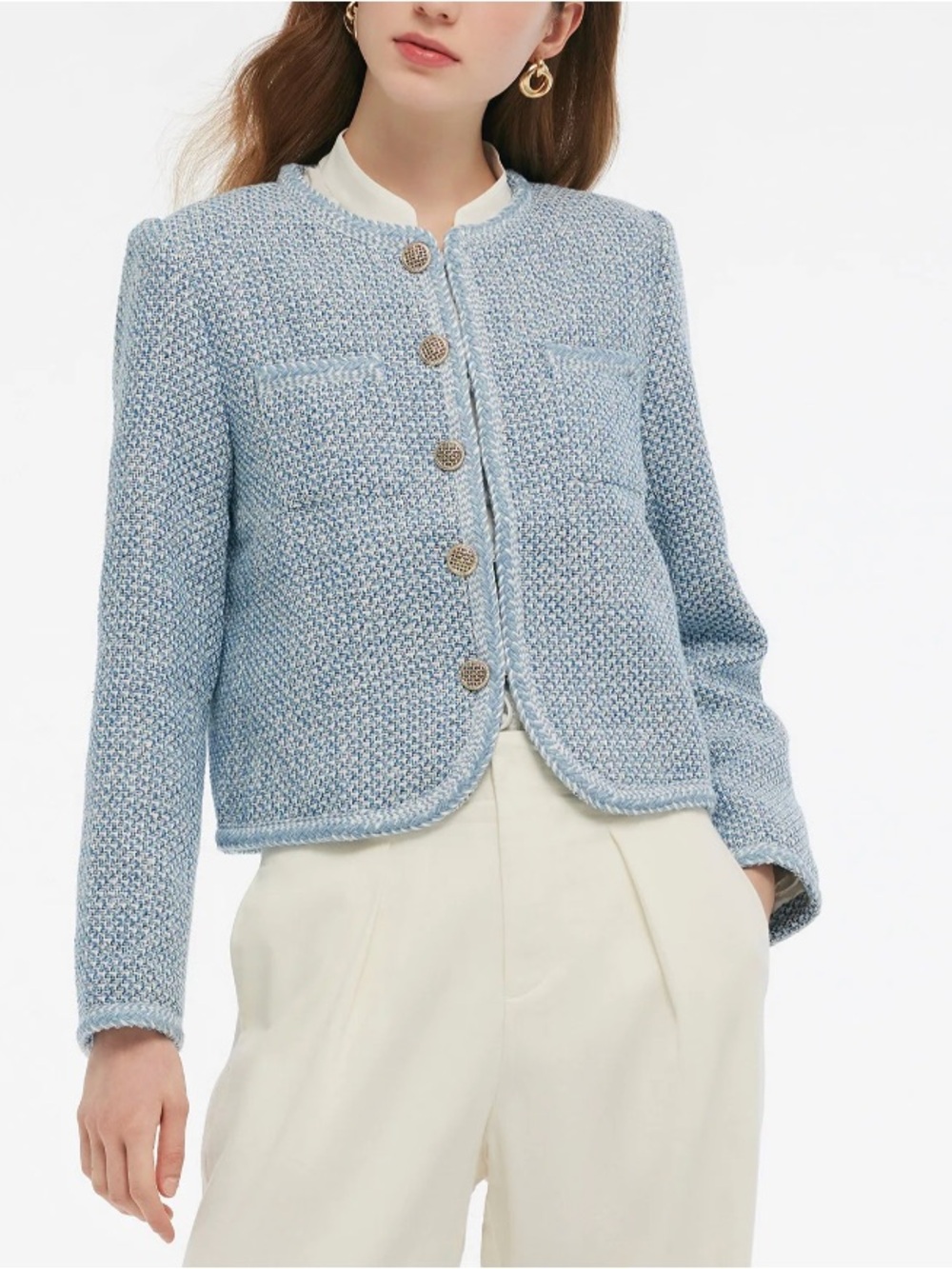 Light Blue Bouclé Cropped Button-Front Jacket